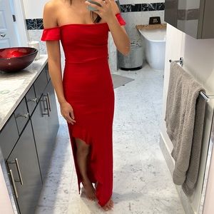 Red off the shoulder with ruffled trim